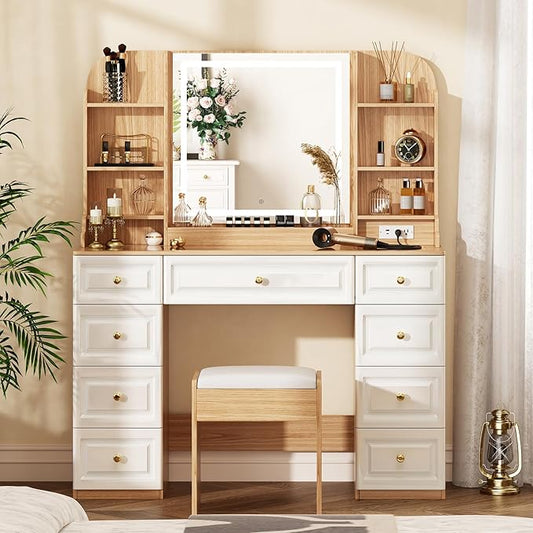 43" Makeup Vanity Desk with Mirror and Lights, & Power Outl, Glass Top Big Vanity Table with 9 Drawers& 8 Storage Shelves, Dressing Table Set with Chair for Bedroom, Oak and White