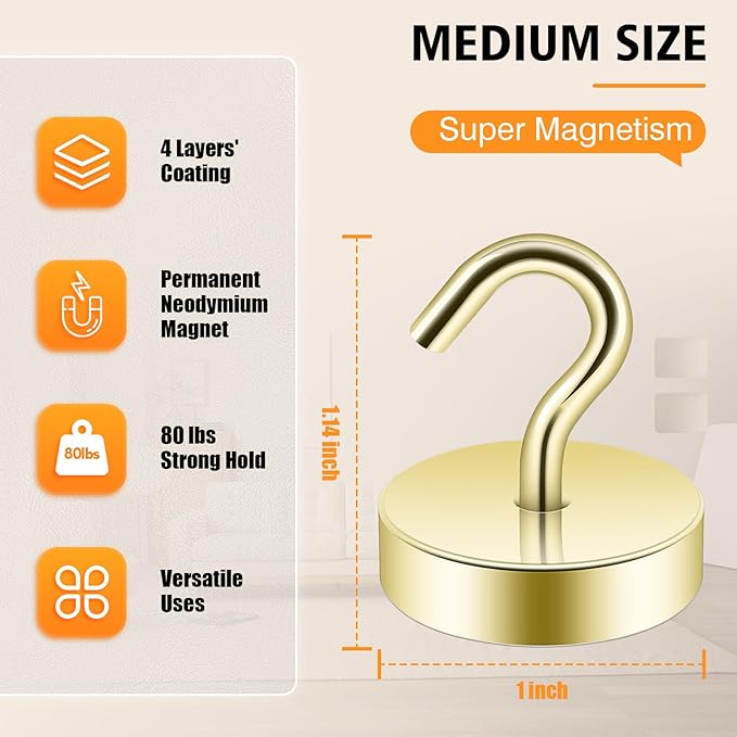 Neosmuk Magnetic Hooks, Cruise Ship Essentials, 8lb+ Heavy Duty Magnetic Hooks for Cruise Cabins, Refrigerator, Grill, Hanging, and Travel | Extra Strong Must-Haves Magnet Hook,Gold