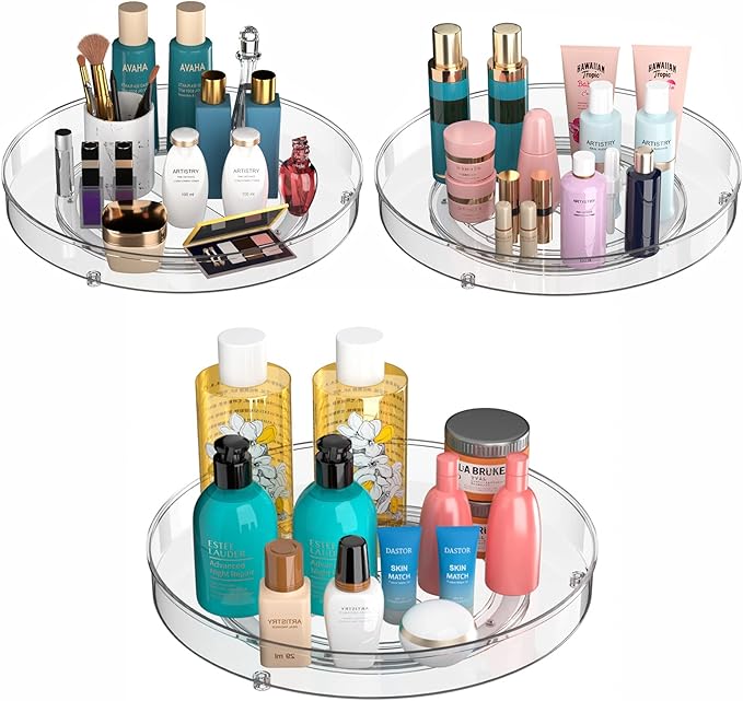 Slideep Lazy Susan Spice Rack, Round Plastic Clear Rotating Turntable Organization, Spinning Organizer Spices Condiments Container Bins for Kitchen, Cabinet, Pantry, Fridge, 10.6" Clear - 3 Pack