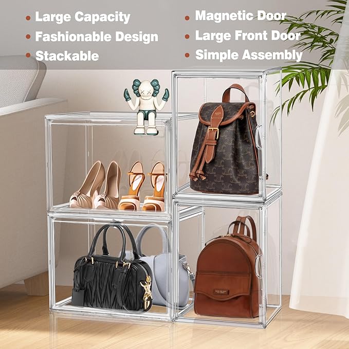 XX-Large Clear Handbag Storage Organizer for Closet 15.3‘’ Tall Acrylic Display Case Clear Purse Organizer Stackable Storage Box for Boots, Big Tote Bag, Collectibles, Cosmetic, 2 Pack