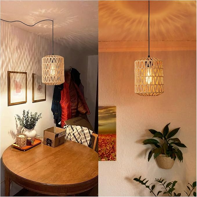 Plug in Pendant Light, Rattan Hanging Lights with Plug in Cord 15ft Dimmable Cord, Hand Woven Wicker Lampshade Hanging Lamp, Boho Plug in Hanging Ceiling Light Fixture for Farmhouse Bedroom