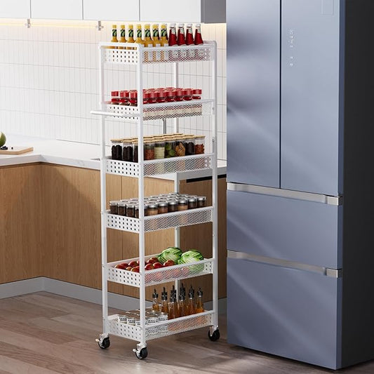 6 Tier Slim Storage Cart with Wheels, 10" D Rolling Storage Cart for Small Space, Metal Narrow Spice Cabinet Mobile Shelving Unit Organizer with Handle for Kitchen, Laundry - White