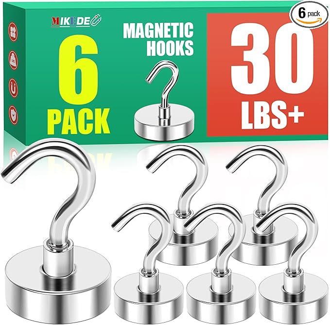 MIKEDE N52 Magnetic Hooks for Cruise Cabins, 30Lbs High Power Magnetic Hooks Heavy Duty, Strong Magnets with Hooks for Hanging, Magnetic Hanger Cruise Hooks for Kitchen, Garage, Pack of 6