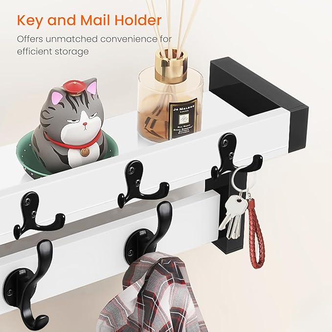 Homode Coat Rack Wall Mount, 29" Modern Floating Shelf with Key and Mail Holder, Wooden Entryway Hanging Shelf with Hooks and Storage for Hat Towel Jacket Purse Backpack Dog Leash, White