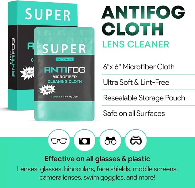 Anti Fog Microfiber Cleaning Cloth for Glasses — Individually Wrapped Microfiber Lens Cleaning Cloth for Eyeglasses, Lenses, Binoculars, Face Shields, Ski Masks or Swim Goggles (1 Count)