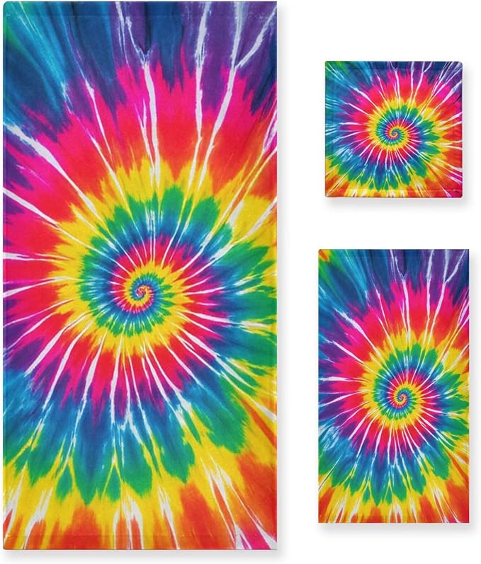 Tie Dye Towels Set of 3 Rainbow Hippie Colors Bathroom Towel Soft Absorbent Chic Abstract Swirl Bath Hand Towels Washcloth Guest Towel Sets Bathroom Decorations