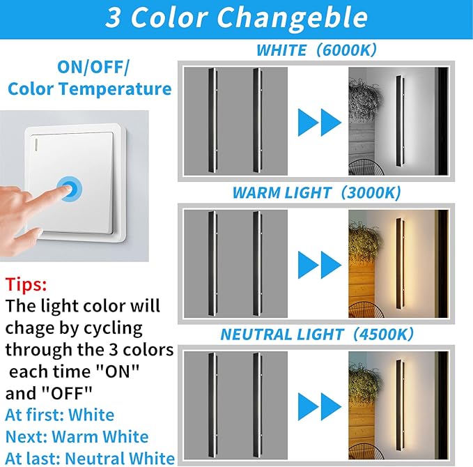 Mikeru 39inch Outdoor Wall Light Fixtures, 3000k/4500K/6000k Three Colors Switchable Modern Exterior Wall Sconces Acrylic Invisible Exterior Wall Light for Porch Outdoor Wall Mount Lighting