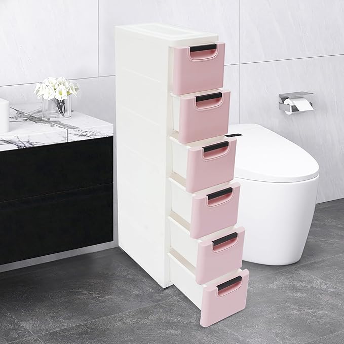 6 Drawers Storage Cart Rolling Storage Drawer Cart Narrow Plastic Dresser Rolling Organizer Cart Storage Unit on Wheels Bathroom Art Craft Supplies Mobile Slim Utility (Dark Pink)