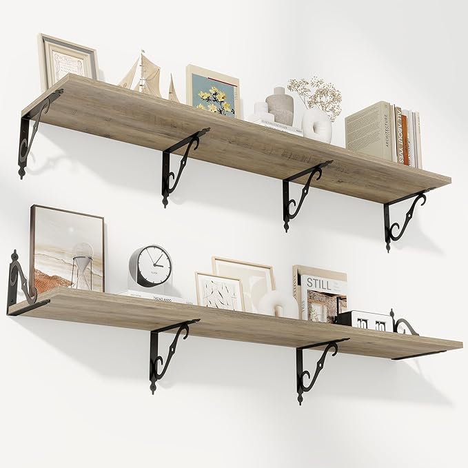 RICHFOCUS 12 Inch Deep Floating Shelves for Wall, 55" W x 12" D Wood Wall Shelves Set of 2, Wide Floating Shelves for Living Room, Bedroom, Kitchen, Bathroom and Decor Storage, Grey