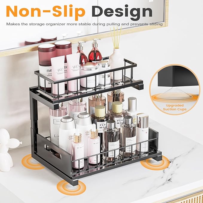 Under Sink Organizer, Heavy Duty Metal Slide Out Sink Shelf Organizer Height Adjustable, Multi-Purpose Storage Shelf for Kitchen Bathroom (Black,2Pack)
