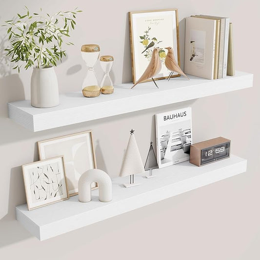 Fun Memories Floating Shelves for Room Wall, 36 Inch Long Shelf Set of 2， Hanging Wood Shelves for Storage & Display, White