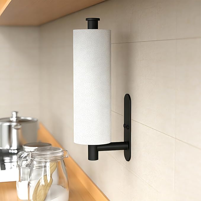 HUFEEOH Adhesive Paper Towel Holder Under Cabinet Wall Mount for Kitchen Paper Towel, Stainless Steel Paper Towel Roll Rack for Bathroom Towel (13inch, Black)