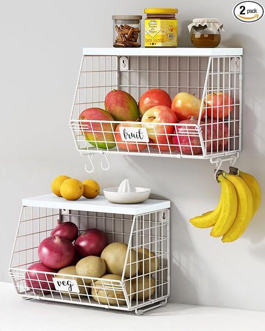 Wall Mount Bathroom Storage Basket, Fruit Produce and Vegetable Baskets for Kitchen Counter, Hanging Wire Storage Basket for Laundry Room Bedroom Closet Pantry Boys Girls Room (White)