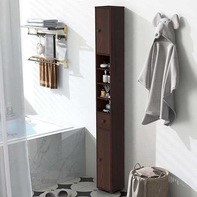 SIMOE Slim Bathroom Tall Cabinet - Freestanding Floor Storage Organizer with 2 Doors, 1 Drawer & 5 Adjustable Shelves, Hardwood Narrow Linen Tower for Small Spaces, 8"x8"x71"
