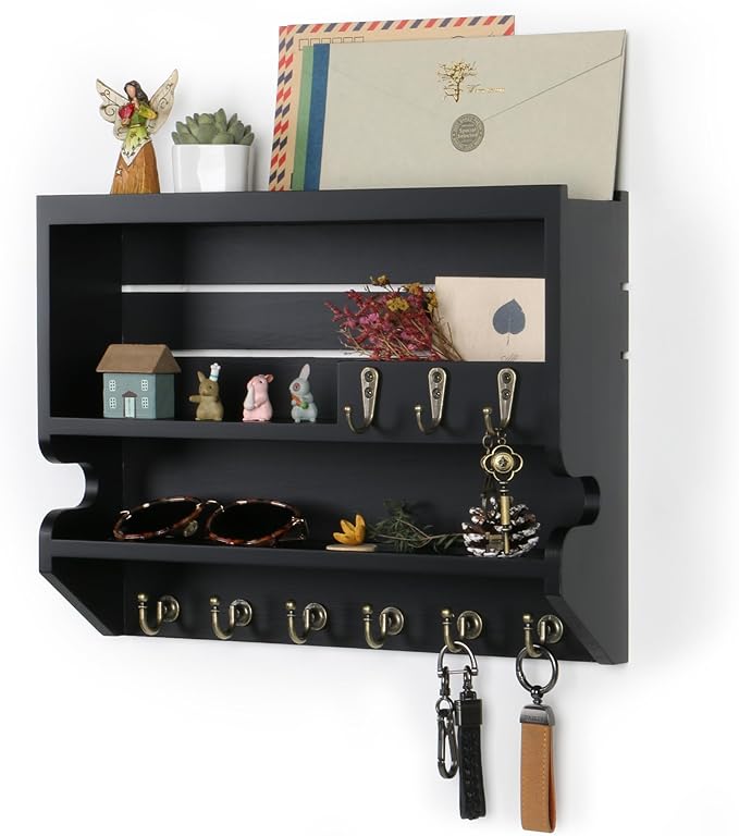 Innovation Handcrafted Solid Pine Wood Key Holder for Wall - Artisan Hand-Sprayed Mail Organizer Wall Mount with 9 Heavy Duty Hooks, Finely Sanded Smooth Surface Entryway Decor, Black
