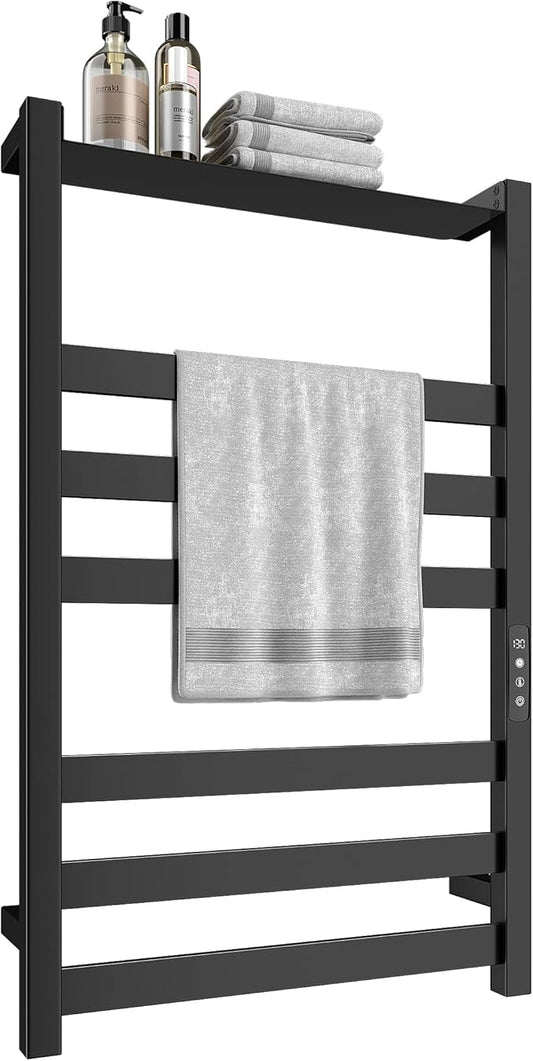Towel Warmer,Stainless Steel Towel Warmer Rack for Bathroom -6 Bars with Shelf Wall Mounted Towel Heater with Intelligent Touch Screen Timer, Hard Wired/Plug-in, Black