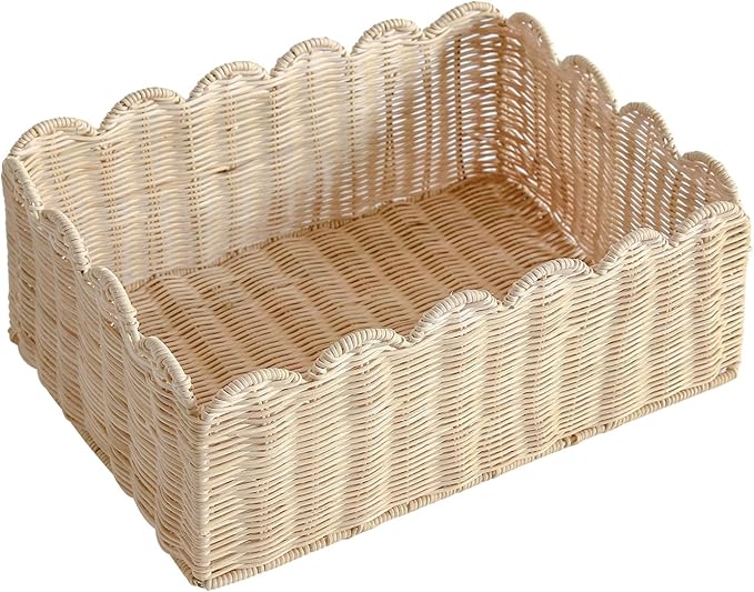 Scalloped Basket, Wicker Storage Baskets, Hand Woven Baskets for Shelves,Natural Baskets for Organizing (M-14" L x 10.5" W x 6" H-Rattan)