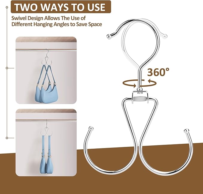 ZEDODIER 6 Pack Purse Hanger Bag Organizer for Closet, Heavy Duty Rotatable Purse Holder with 12 Storage Capacity, Bag Storage Rack for Purses Bags Backpacks, Silver