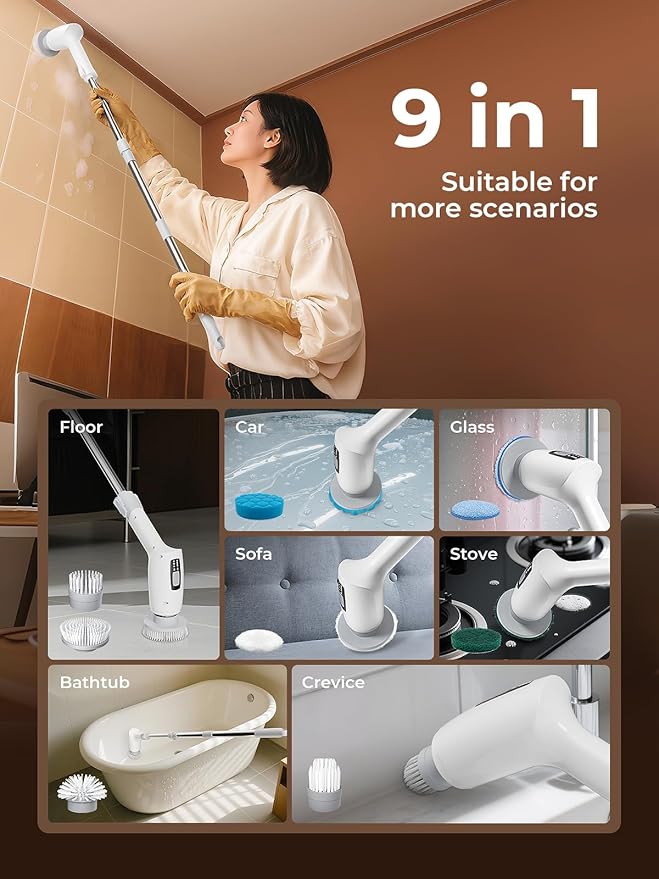 Electric Spin Scrubber, Cordless Cleaning Brush Shower Scrubber with 9 Replaceable Brush Heads 3 Speeds Extension Handle for Bathroom, Shower, Bathtub, Floor, Tile, Kitchen, Pool (1, White)