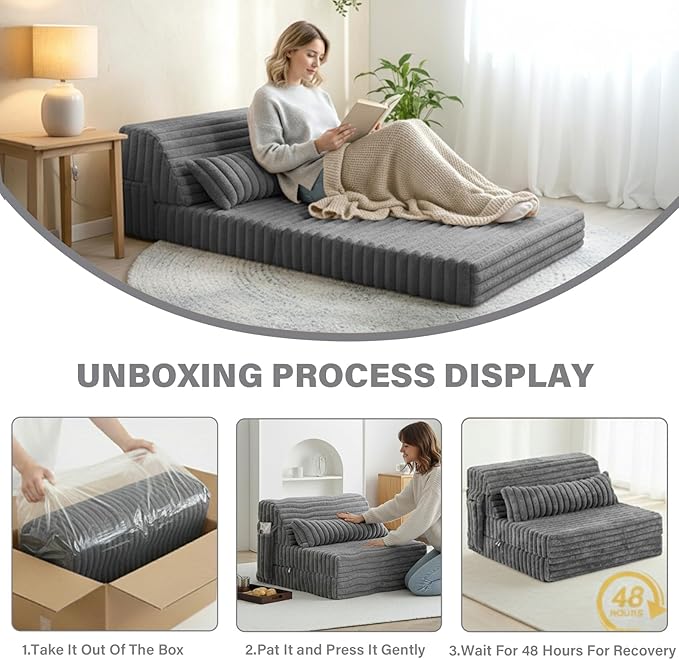 Tiita Folding Sofa Bed Twin Size, Convertible Sleeper Chair Mattress with Pillow, Thick Corduroy Floor Mattress Couch Bed with Side Pocket, Guest Room, Dorm, Apartment, Grey