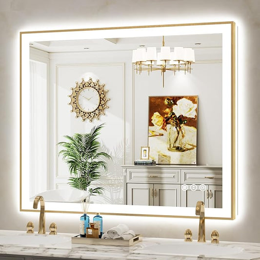 48x40 Inch LED Bathroom Mirror with Lights (Front Lit and Backlit) Gold Framed Lighted Vanity Mirror for Bathroom Wall Dimmable Anti-Fog Memory Tempered Glass Horizontal/Vertical
