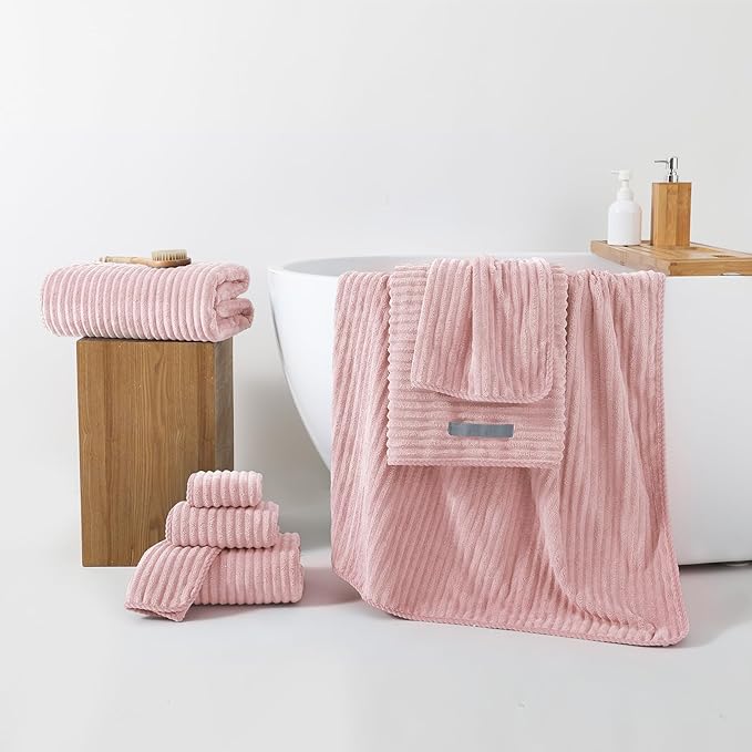 REDKISS Pink Microfiber Bath Towels Set 8 Piece - 70x35 Inches Bathroom Towels of 8 Large, Oversized Bath Towel with 2 Hair Towel Wrap, Highly Absorbent Soft Shower Towels for Bathroom, Hotel, Gym