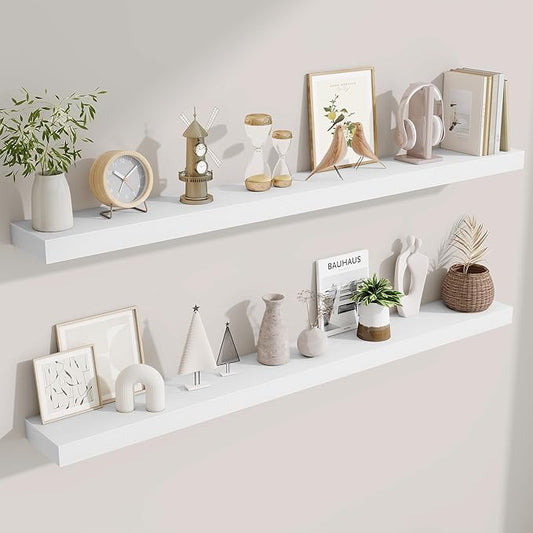 Fun Memories 55 Inch Floating Shelves Bedroom, Large Extra Floating Shelf Set of 2 with Invisible Brackets, White