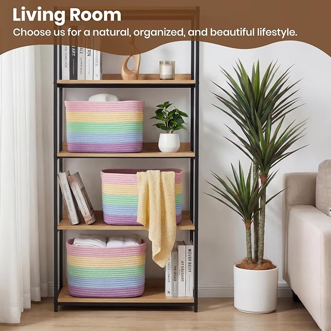 Storage Baskets for Organizing, 14 x 10 x 9” Closet Shelf Woven Baskets, Square Bins with Handles, Cotton Rope Basket for Toys, Clothes, Office, Room, Rainbow 1 Pack