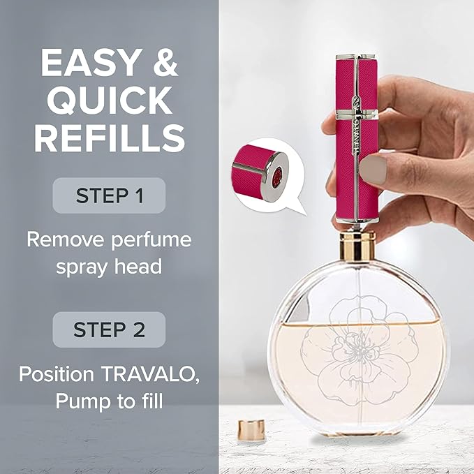 Milano Perfume Atomizer - Leak-Proof and TSA Approved for Air Travel - Reusable, Airtight, Easy Fill Mini Pump Sprayer - Lightweight Vegan Leather with Polished Metal Outer Shell - Hot Pink