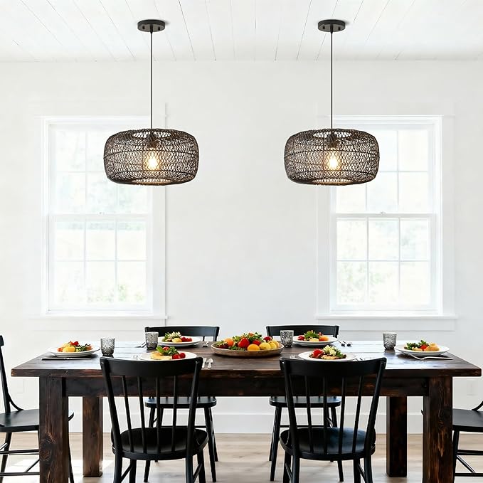Black Rattan Pendant Light, 16in Drum Wicker Chandelier Hand-Woven Rattan Hanging Lighting Fixture Boho Pendant Lights for Dining Room Kitchen Island Living Room Bedroom Foyer Entrance