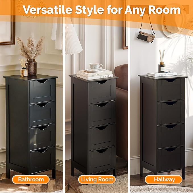 Bonnlo Slim Bathroom Floor Cabinet, 4-Drawer Wooden Freestanding Storage Unit, Small Side Organizer for Narrow Spaces, Compact Bathroom Storage Cabinet for Kitchen, Hallway & Office, Matte Black