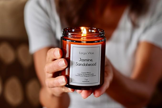 Jasmine, Sandalwood Coconut Wax Candle Non Toxic Aromatherapy Candle with Essential & Prime Rated Natural Fragrance Oils, Clean Burning Amber Jar Candle, 7 oz Small Batch