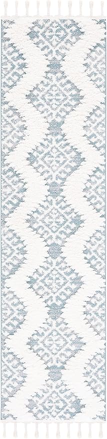 SAFAVIEH Moroccan Tassel Shag Collection Area Rug - 2'3" x 6' Runner, Teal & Ivory, Non-Shedding & Easy Cleaning, Plush Thick Pile, Ideal for Living Room, Hallway, Foyer, Entryway, Bedroom (MTS652K)