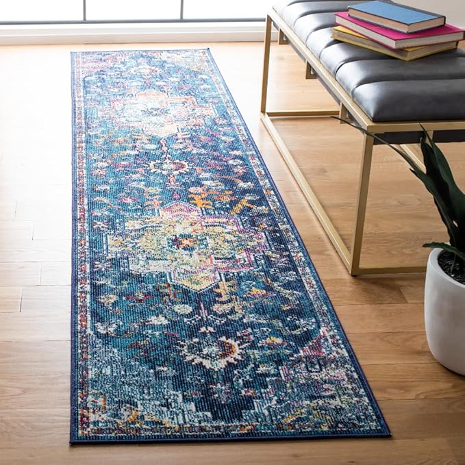 SAFAVIEH Crystal Collection Runner Rug - 2'2" x 9', Navy & Fuchsia, Medallion Distressed Design, Non-Shedding & Easy Care, Ideal for High Traffic Areas in Living Room, Bedroom (CRS501H)