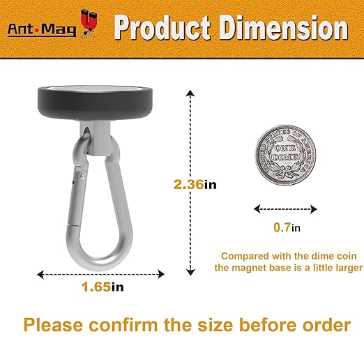 Ant Mag Heavy Duty Neodymium Magnet Hooks with Swiveling Carabiner - 140LBS Capacity, Indoor/Outdoor Hanging, Black (2 Pack)