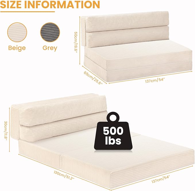 Folding Mattress Full Size, 3 in 1 Convertible Sofa Bed Fold Out Couch Bed Floor Couch Lounge Sleeper Mattress for Living Room, Guest Room, High-Density Memory Foam 5'' Thickness, Beige, Corduroy