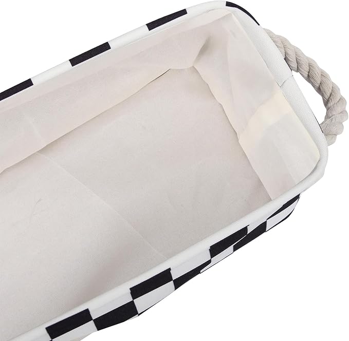 3PC Small Checked Storage Baskets 15x6x5 inch Narrow Toliet Storage Bins with Handles for Papers Closet,Cabinet,Countertop Organizing Small Items (Black)