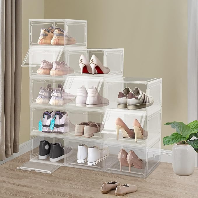 12 Pack Clear Shoe Boxs, Acrylic Shoe Storage Box W/ Magnetic Door, Front Door Opening, Stackable Shoe Container, Multifunctional Sneaker Organizer, Acrylic Shoe Display Case 10.63*13.58*7.48in