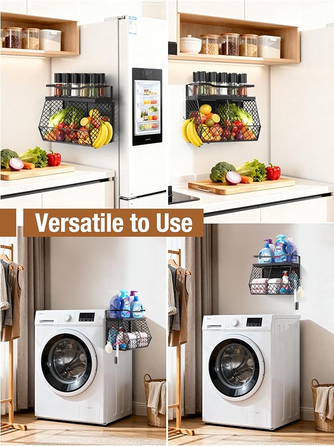 3-in-1 Magnetic Fruit & Vegetable Basket with Spice Rack Shelf for Fridge - Wall Mount Countertop Kitchen Wire Storage Organizer for Produce Potato Onion, Kitchen Essentials and Decor, Black
