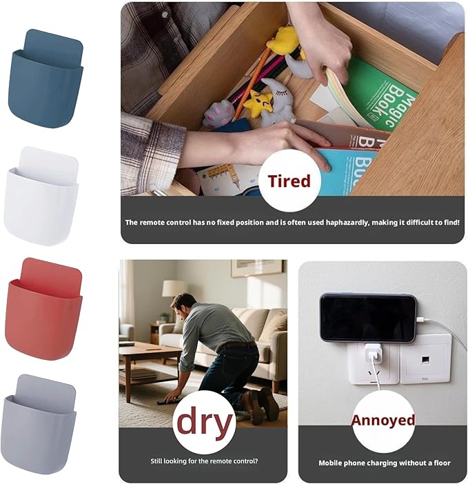4-Pack Adhesive Wall Organizer, Multipurpose Stick-on Storage Box for Remote Phone Pen Keys, for Kitchen Bathroom Office (4 Colors) (White)