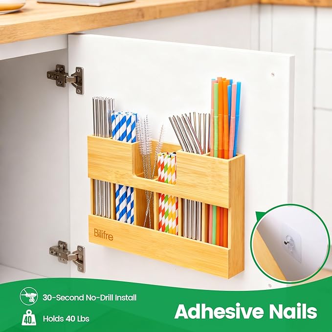 Extra-Large Bamboo Straw Holder Organizer – 6 Compartments for Long & Short Straws | Magnetic & Adhesive Mount for Cabinet, Fridge, or Counter | Durable Trapezoid Design for Kitchen