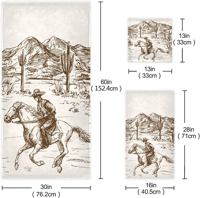 3 Piece Western Cowboy Bath Towels Set,Microfiber Absorbent American Country Riding Horse Cactus Desert Towels for Bathroom,1 Bath Towel,1 Hand Towel,1 Washcloth,Decorative Bathroom Towels