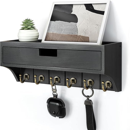 Rebee Vision Decorative Pine Wood Key Holder Wall Mount with Drawer Organizer – Modern Mail Organizer with 6 Key Hooks and Storage Drawer – Home Decor for Apartment Essentials (Black)