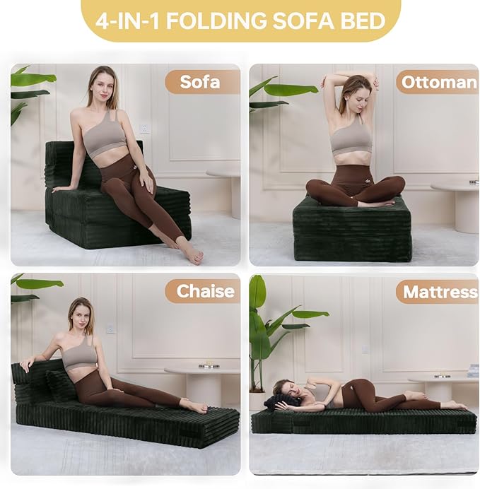Folding Sofa Bed Single, Convertible Futon Chair Bed with Pillow, Folding Sofa Sleeper Chair, Comfortable Foam Floor Couch for Living Room, Bedroom, Dorm, Guest Room, Charcoal Moss Grey