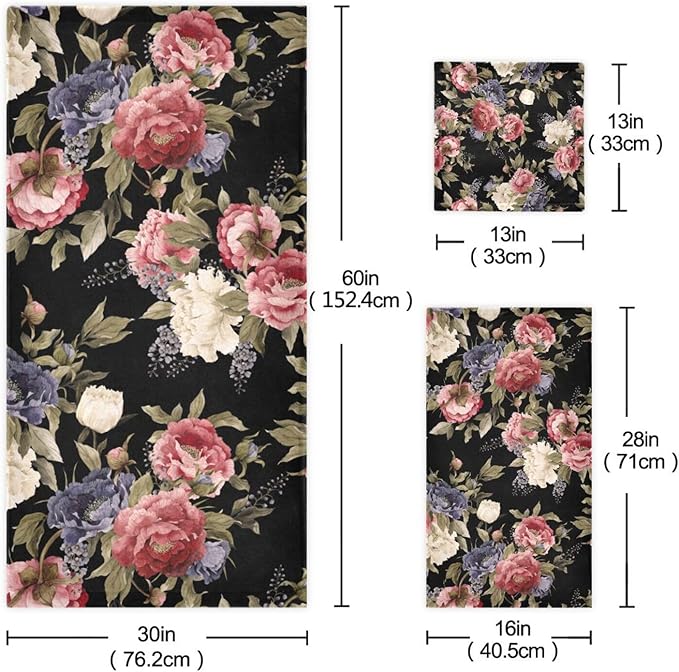 Vintage Peony Floral Bath Towels Set,Ultra Soft 3 Piece Watercolor Rose Flower Pattern Black Towels for Bathroom,1 Bath Towel 1 Hand Towel 1 Washcloth,Absorbent Decoractive Bathroom Towels
