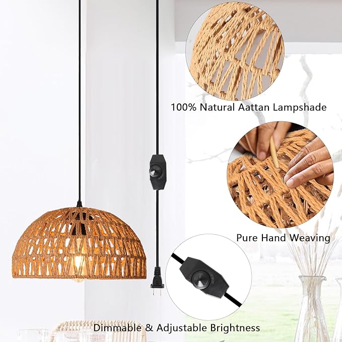 HuisMier Rattan Hanging Lamp Plug in Pendant Light with 15 Ft Plug in Cord, Wicker Woven Basket Lampshade Hanging Light with Dimmable Switch, Boho Plug in Pendant Light for Kitchen Farmhouse Bedroom
