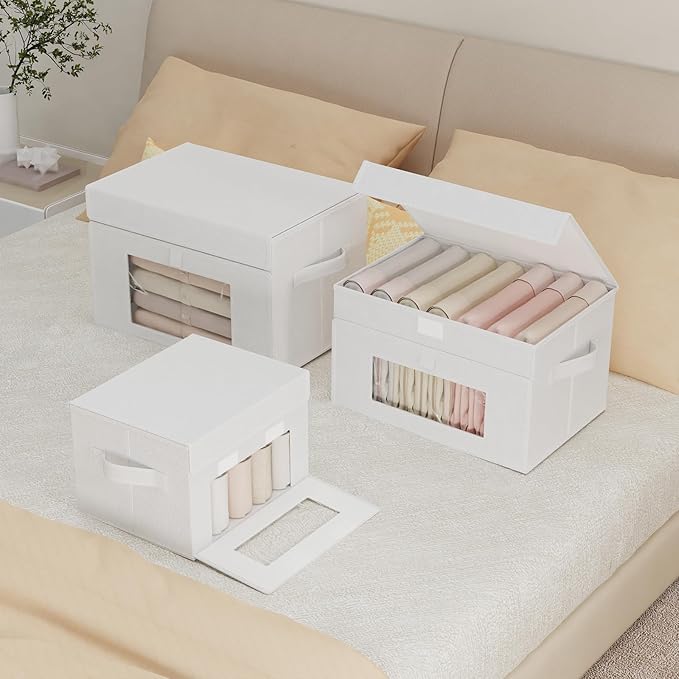 Transparent Window Storage Bin, Cube Organizer Basket with Flip-Top Lid and 2 Handles, Decorative Boxes with Cover, 4 Pack, White, 13 x 9 x 7.9 In, XSNY17WM-4