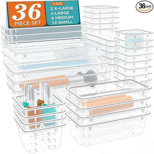 36 PCS Drawer Organizer Set, 4 Sizes Tool Storage Trays, Clear Plastic Makeup Vanity Organizer and Storage Bins for Makeup, Stationeries, Multiple Gadgets for Bathroom, Office, Bedroom