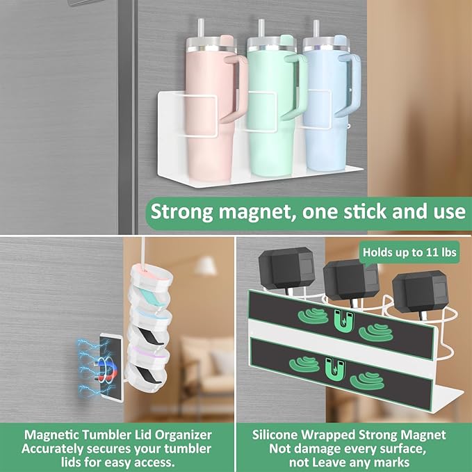Magnetic Cup Holder for Fridge, Water Bottle Organizer for Cabinet Magnetic Cup Holder Heavy Duty Tumbler Lid Organizer for 20oz 30oz 40oz Cup Accessories Storage Organizer (White)