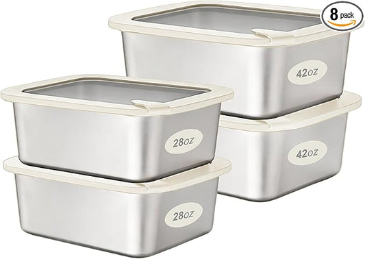 Stainless Steel Food Containers with Glass Lid, Airtight Leakproof Stainless Steel Storage Containers in set of 4, Rectangle Shape, Microwave Safe Food Container Set, 100% Plastic Free, BPA Free